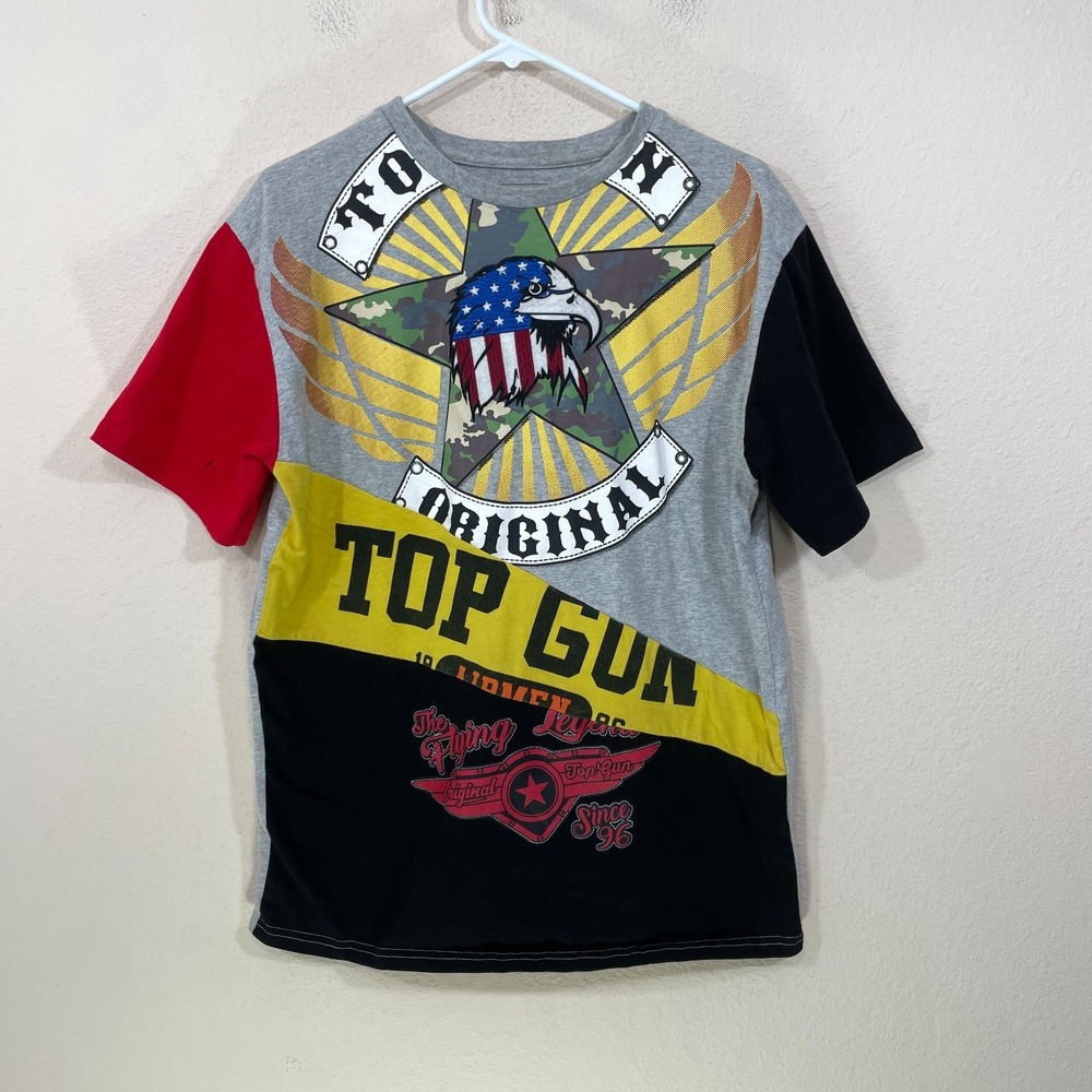Top Gun Men's T-Shirt Large "Original" Gray All Over Print Colorful Cotton HOLE!